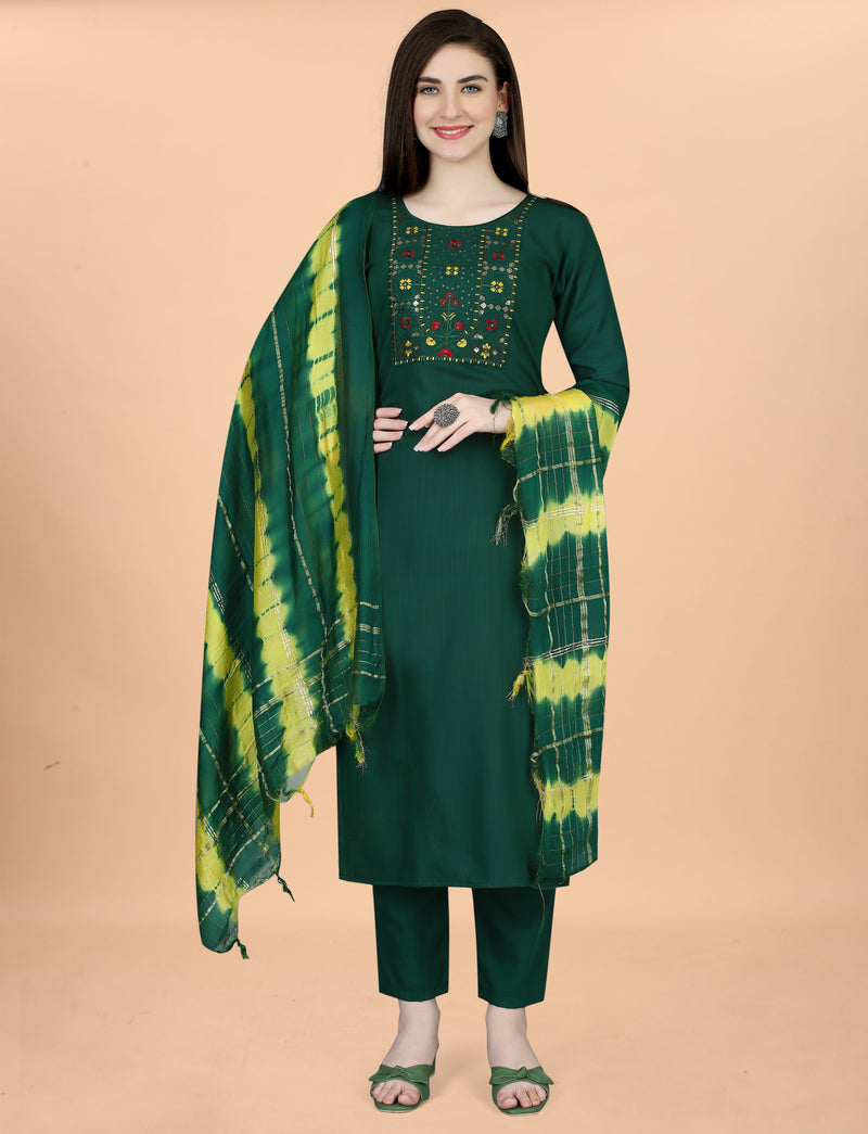 Cotton Blend Green Kurta Set with Dupatta