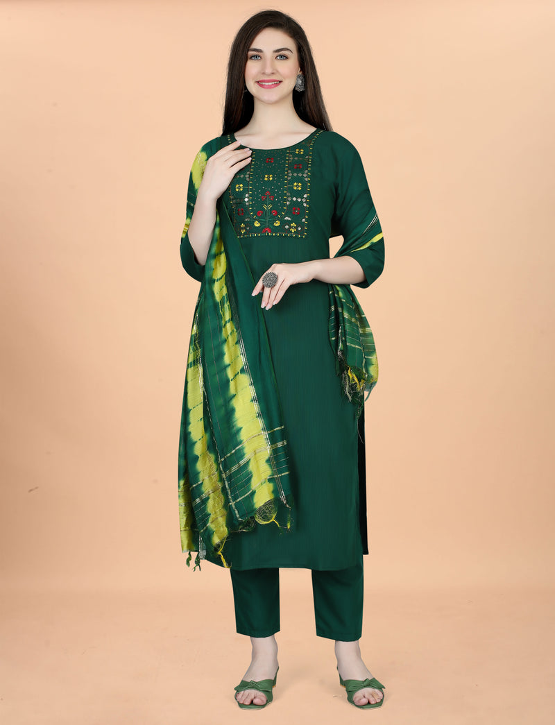 Cotton Blend Green Kurta Set with Dupatta