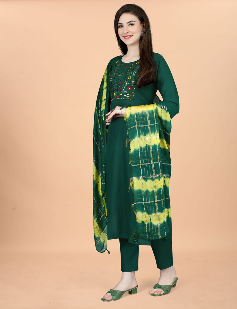 Cotton Blend Green Kurta Set with Dupatta
