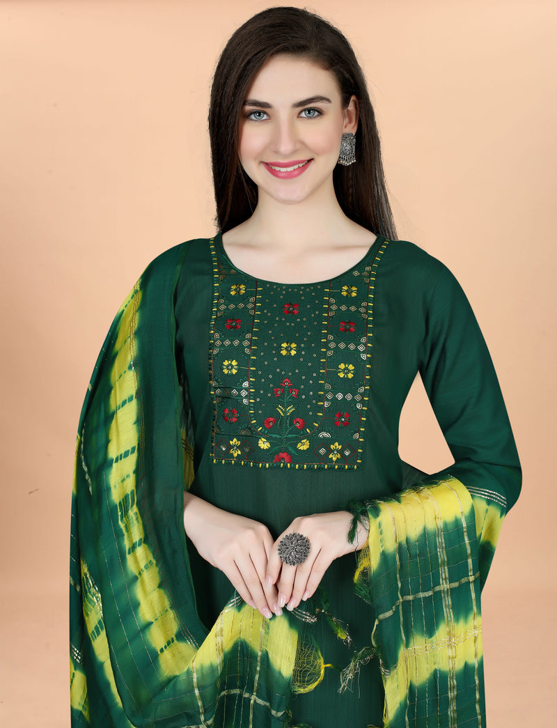 Cotton Blend Green Kurta Set with Dupatta