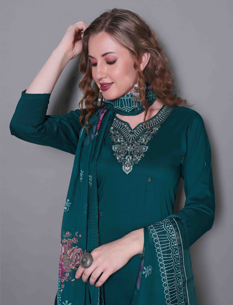 Embroidered Rama Green Kurta Set with Dupatta