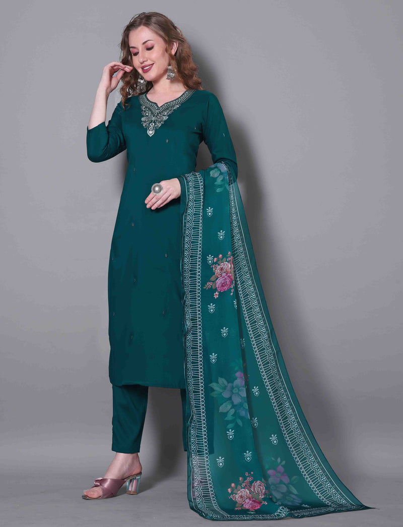 Embroidered Rama Green Kurta Set with Dupatta