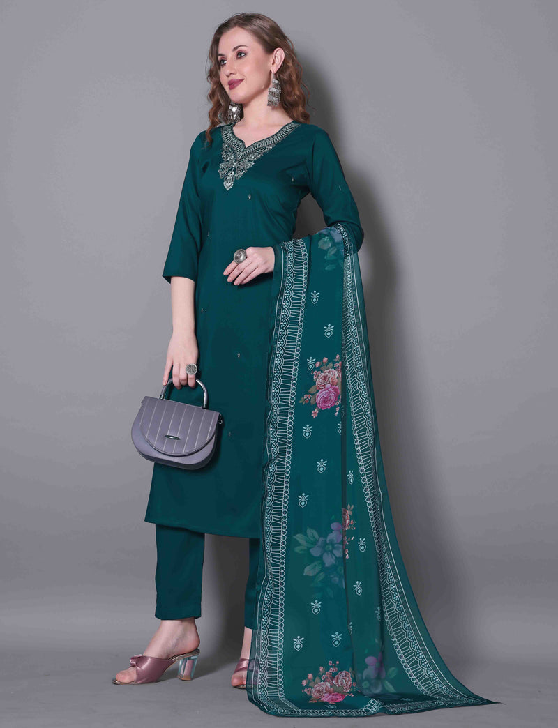 Embroidered Rama Green Kurta Set with Dupatta