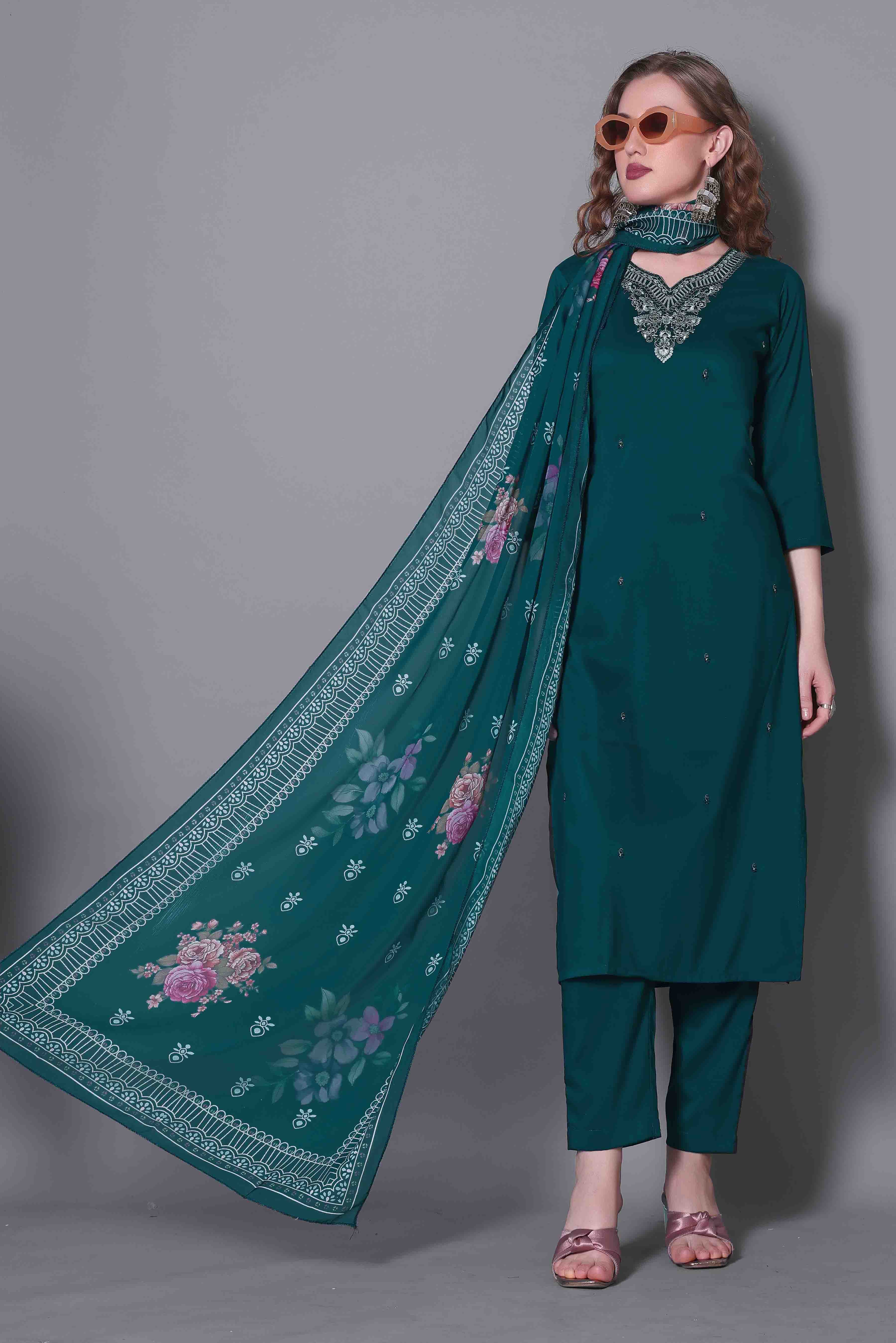 Embroidered Rama Green Kurta Set with Dupatta