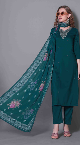 Embroidered Rama Green Kurta Set with Dupatta
