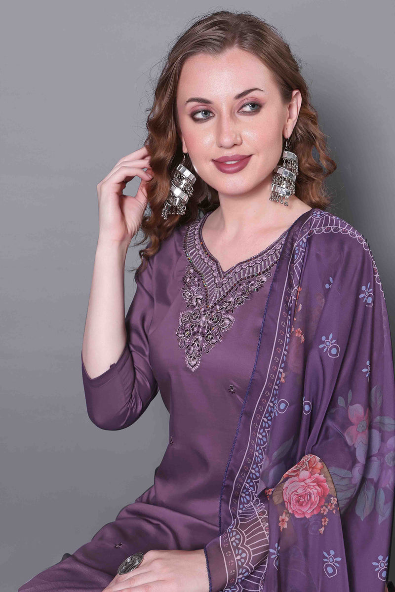 Embroidered Lavender Kurta Set with Dupatta