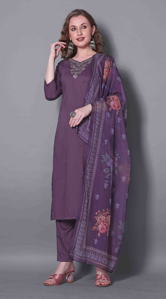Embroidered Lavender Kurta Set with Dupatta