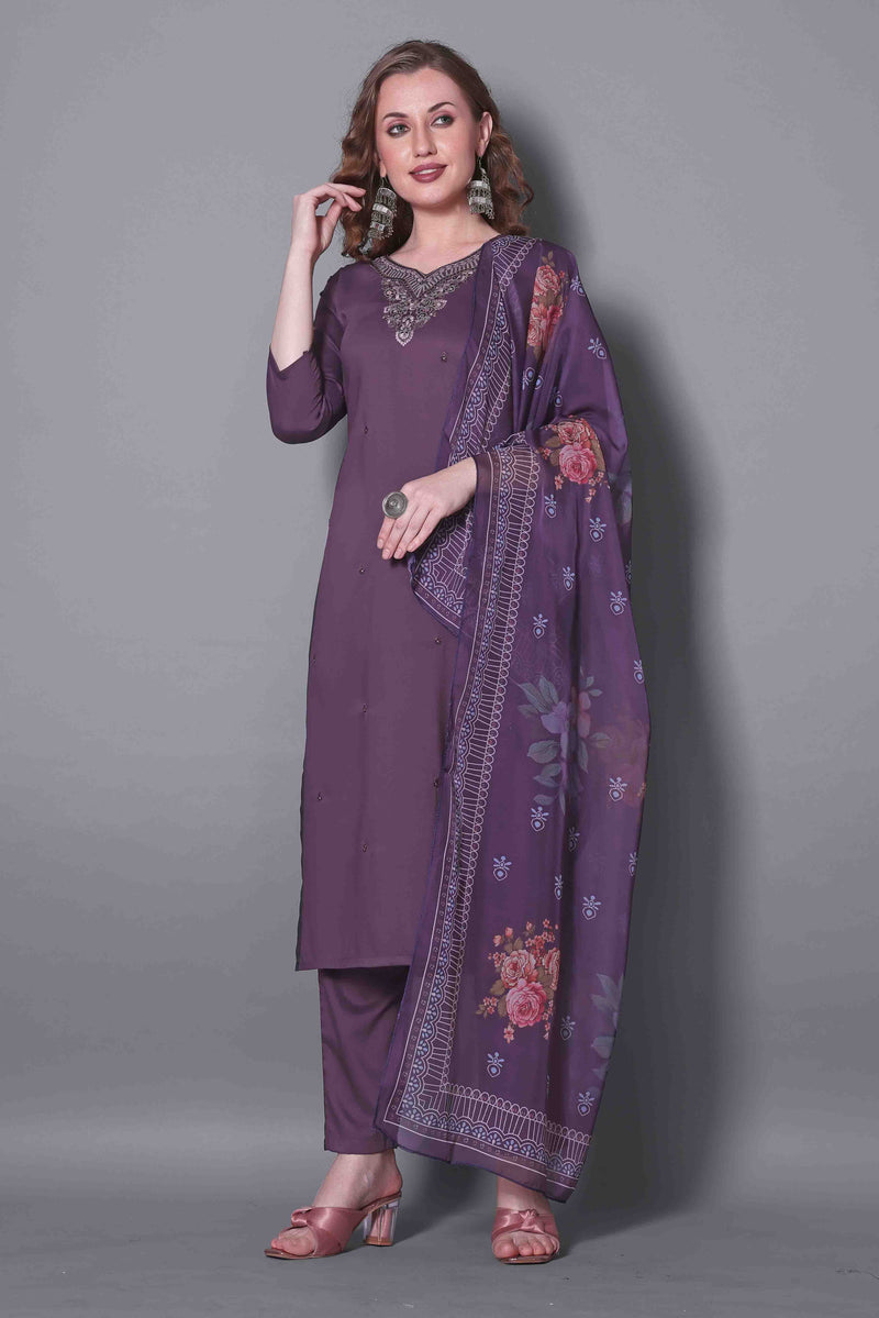 Embroidered Lavender Kurta Set with Dupatta