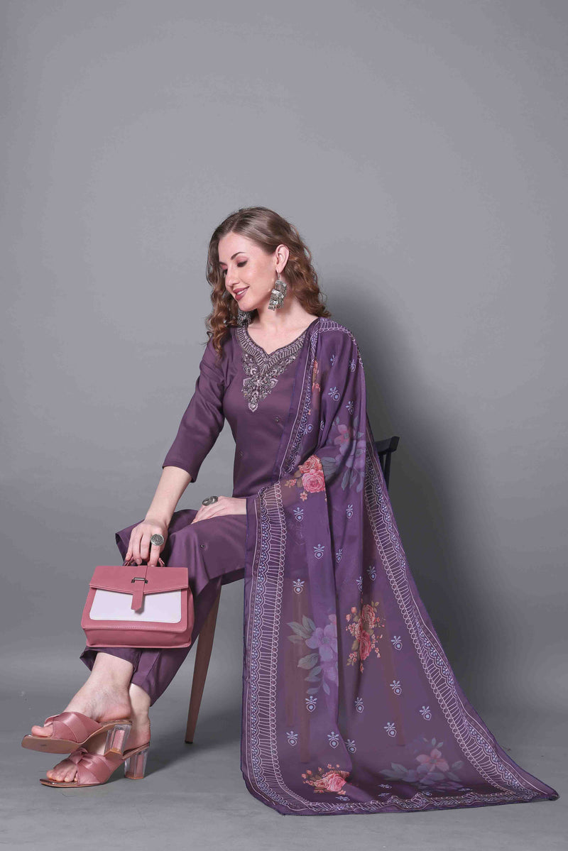 Embroidered Lavender Kurta Set with Dupatta