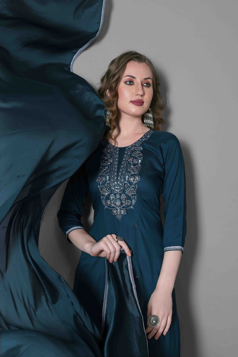 Silk Blend Indigo Kurta Set with Dupatta