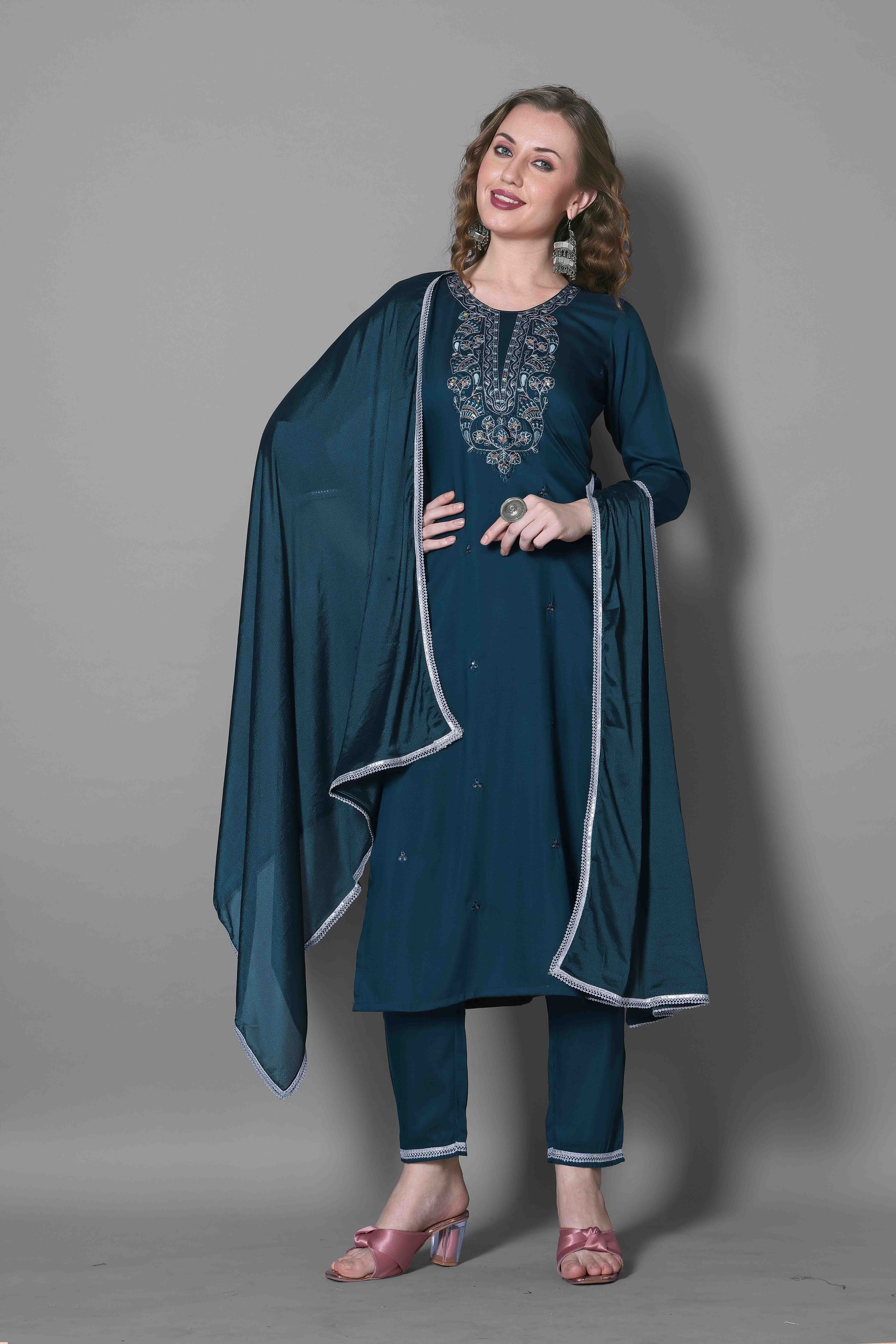 Silk Blend Indigo Kurta Set with Dupatta