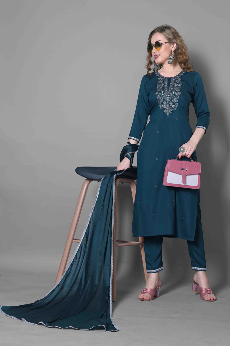 Silk Blend Indigo Kurta Set with Dupatta