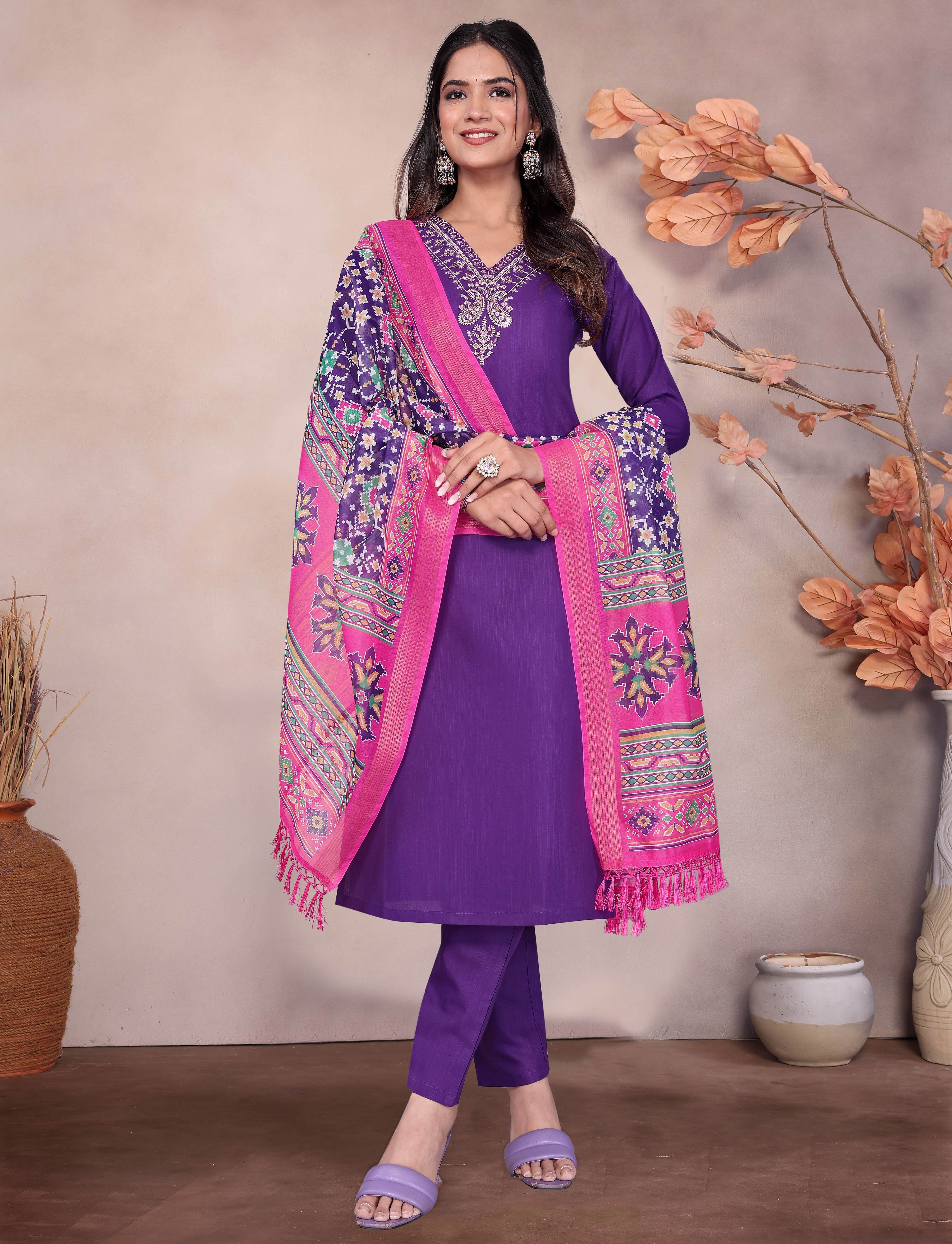 Embroidered Purple Kurta Set with Dupatta