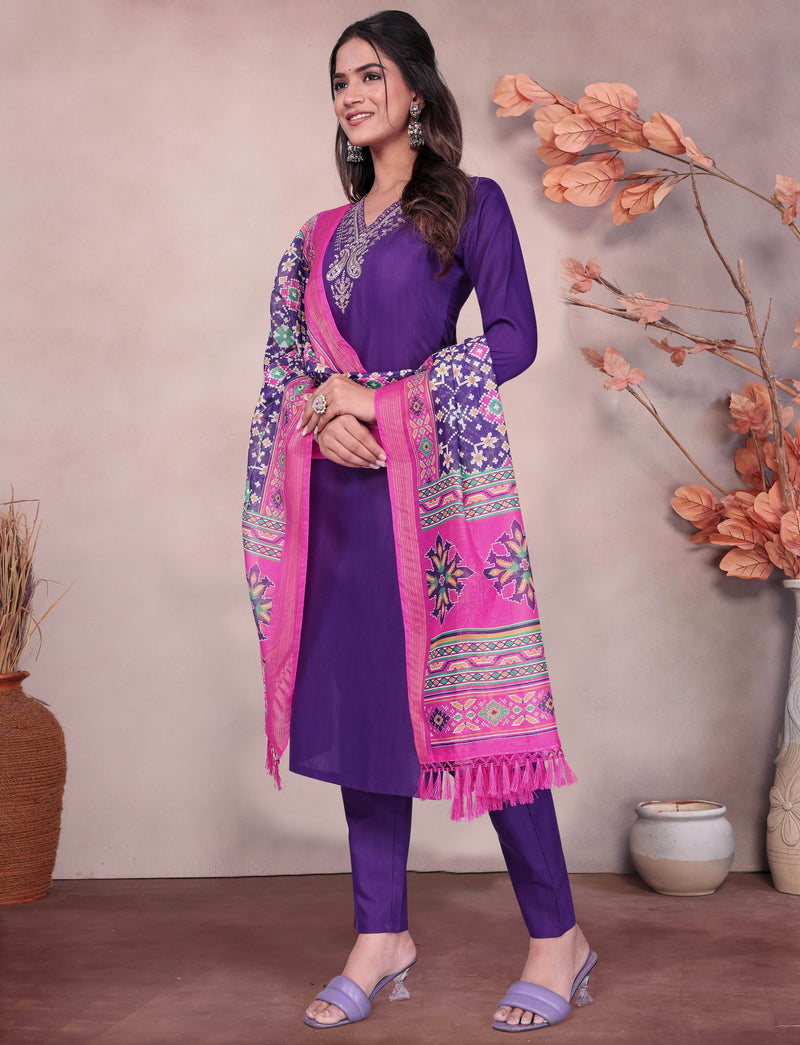 Embroidered Purple Kurta Set with Dupatta