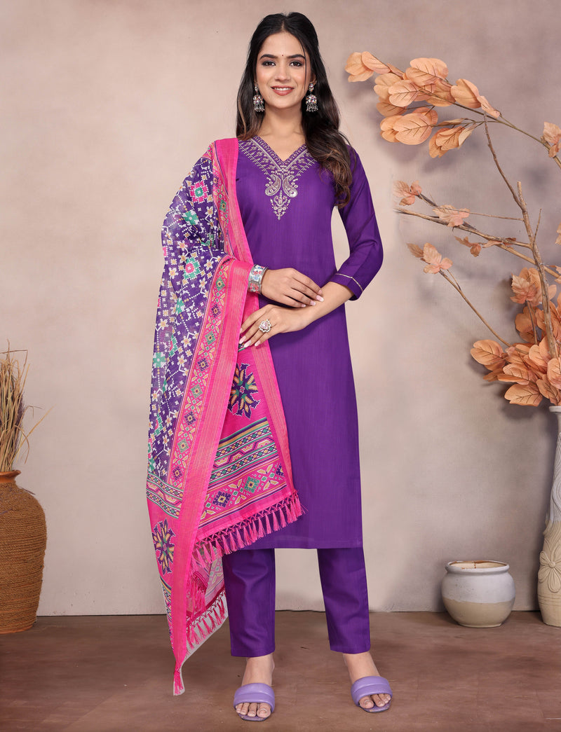 Embroidered Purple Kurta Set with Dupatta