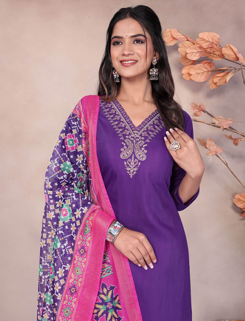Embroidered Purple Kurta Set with Dupatta