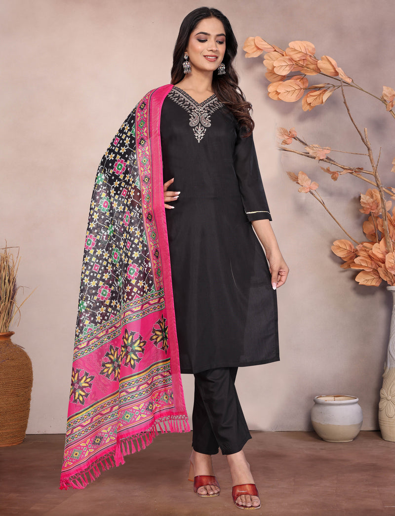 Embroidered Black Kurta Set with Dupatta
