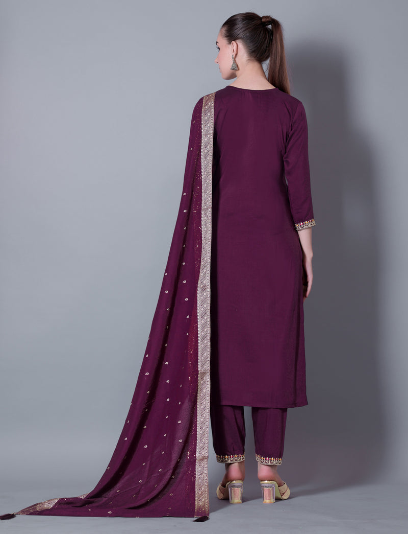 Embroidered Plum Kurta Set with Dupatta
