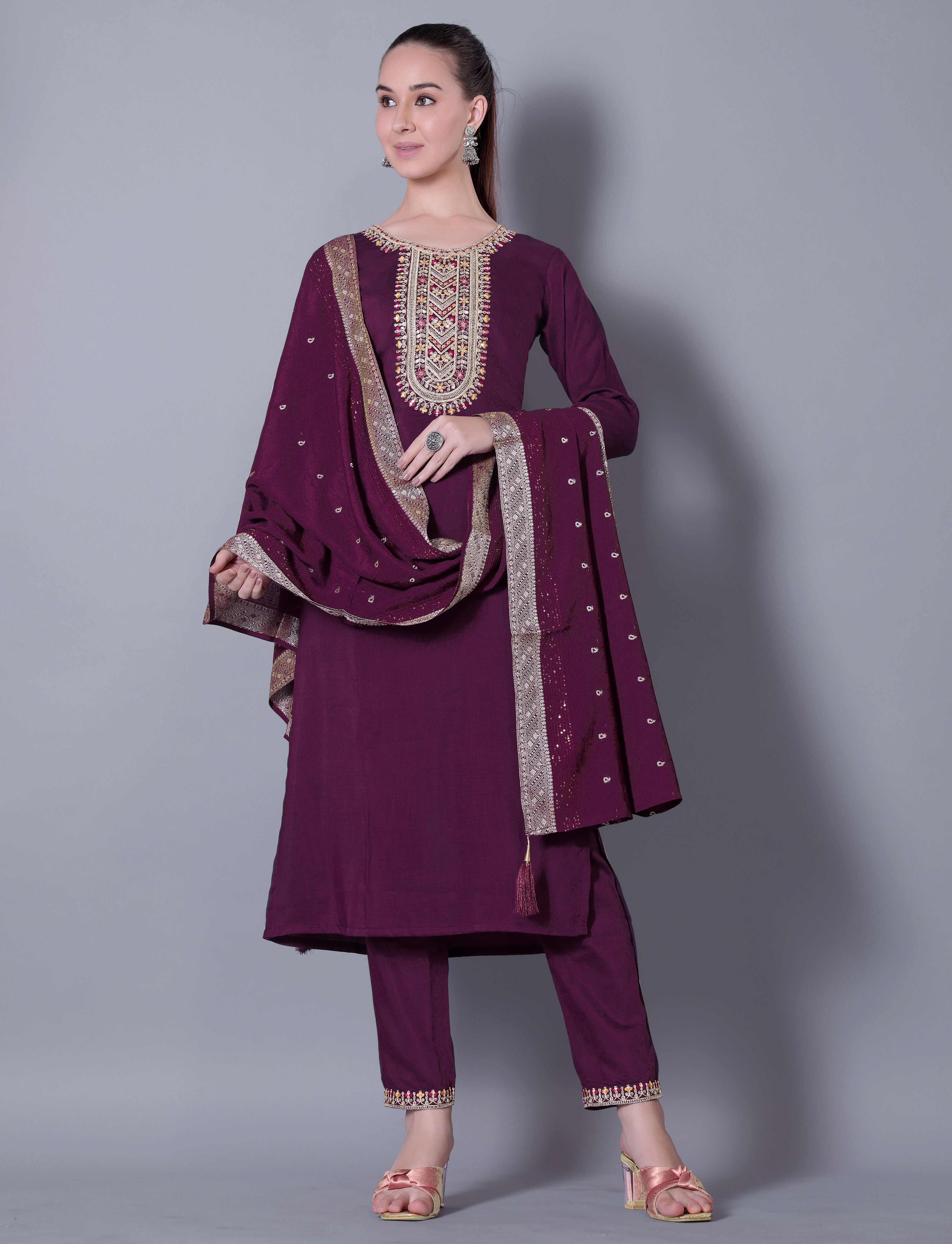 Embroidered Plum Kurta Set with Dupatta