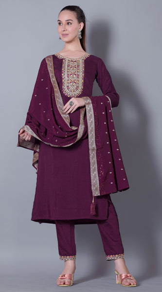 Embroidered Plum Kurta Set with Dupatta