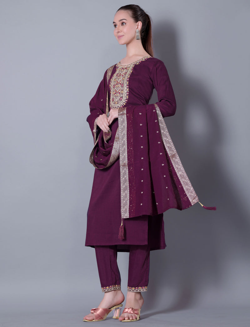 Embroidered Plum Kurta Set with Dupatta