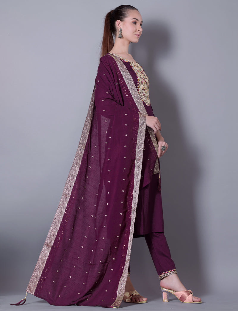 Embroidered Plum Kurta Set with Dupatta
