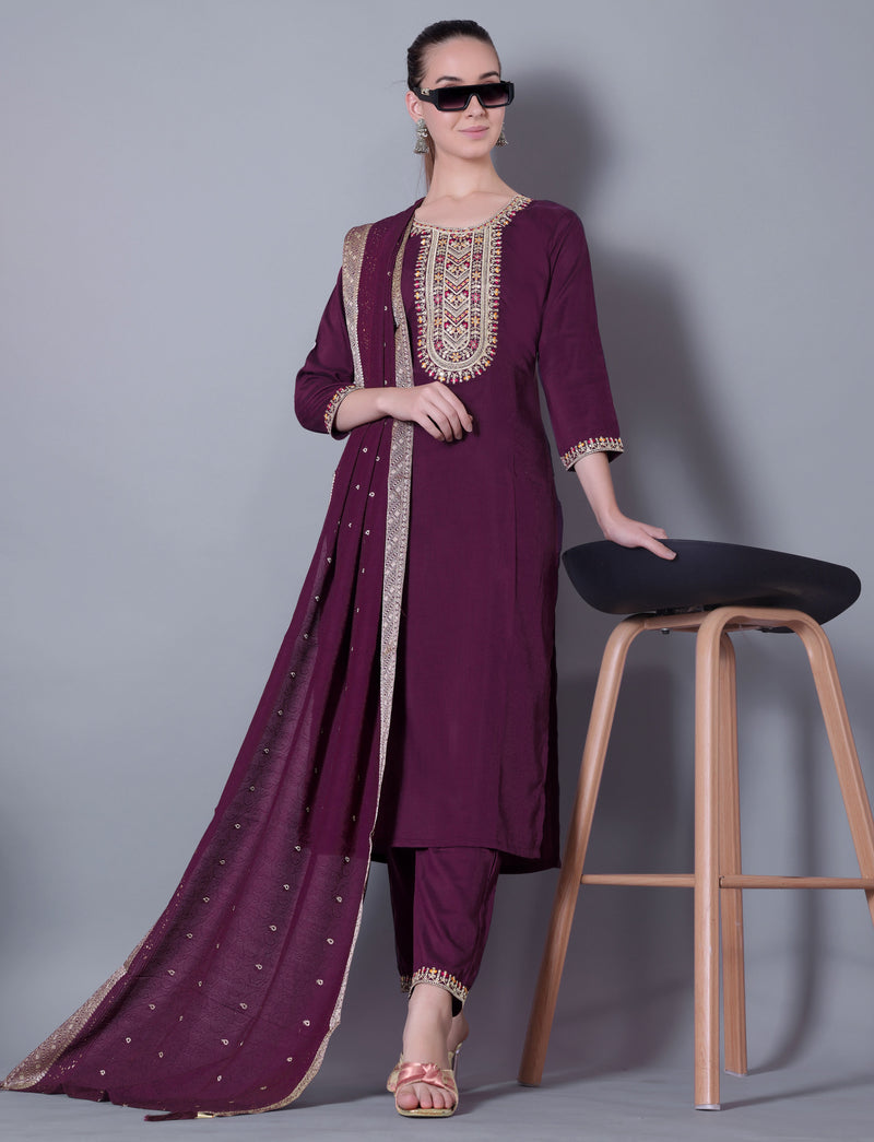 Embroidered Plum Kurta Set with Dupatta
