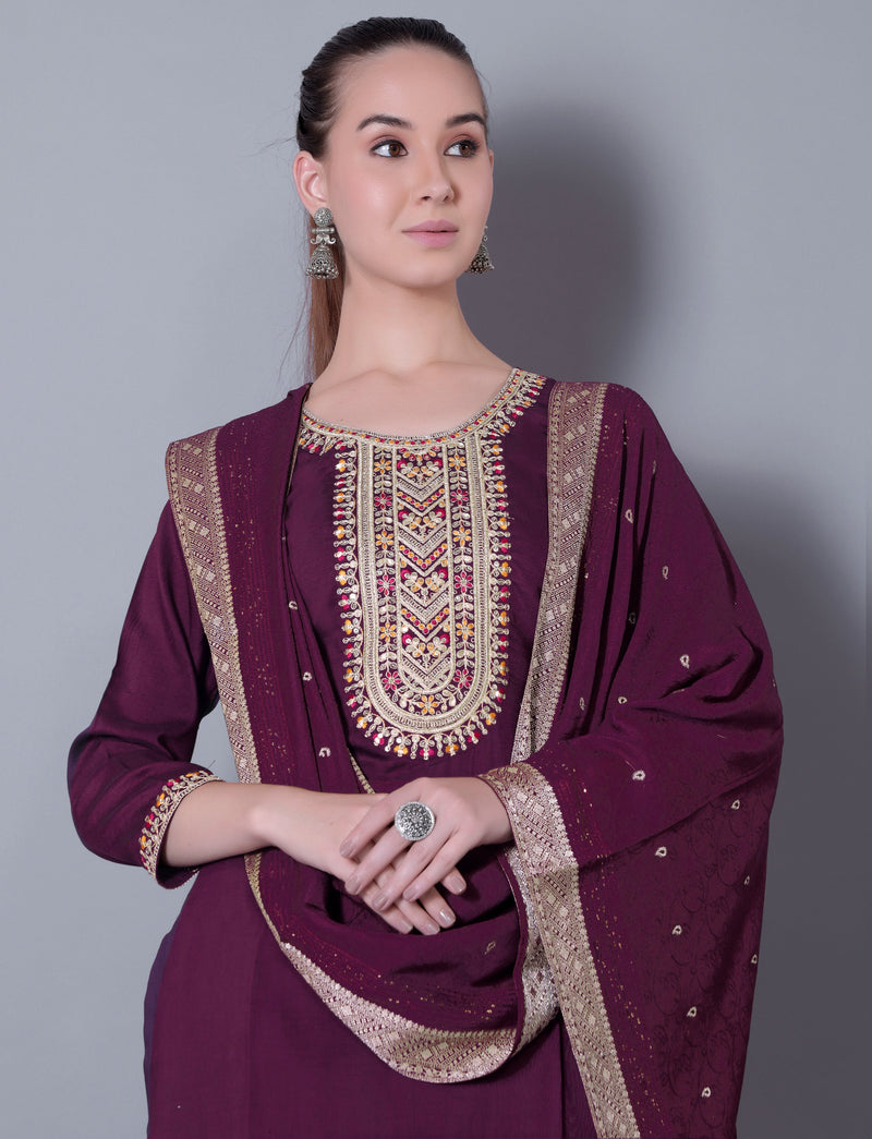 Embroidered Plum Kurta Set with Dupatta