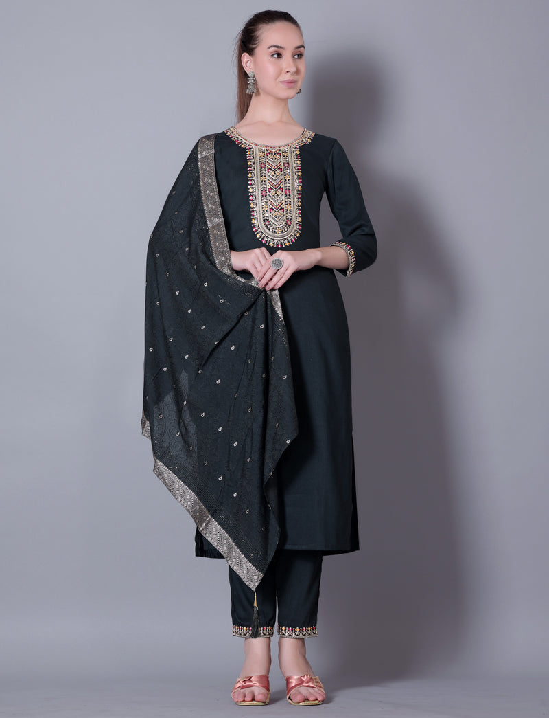 Embroidered Green Kurta Set with Dupatta