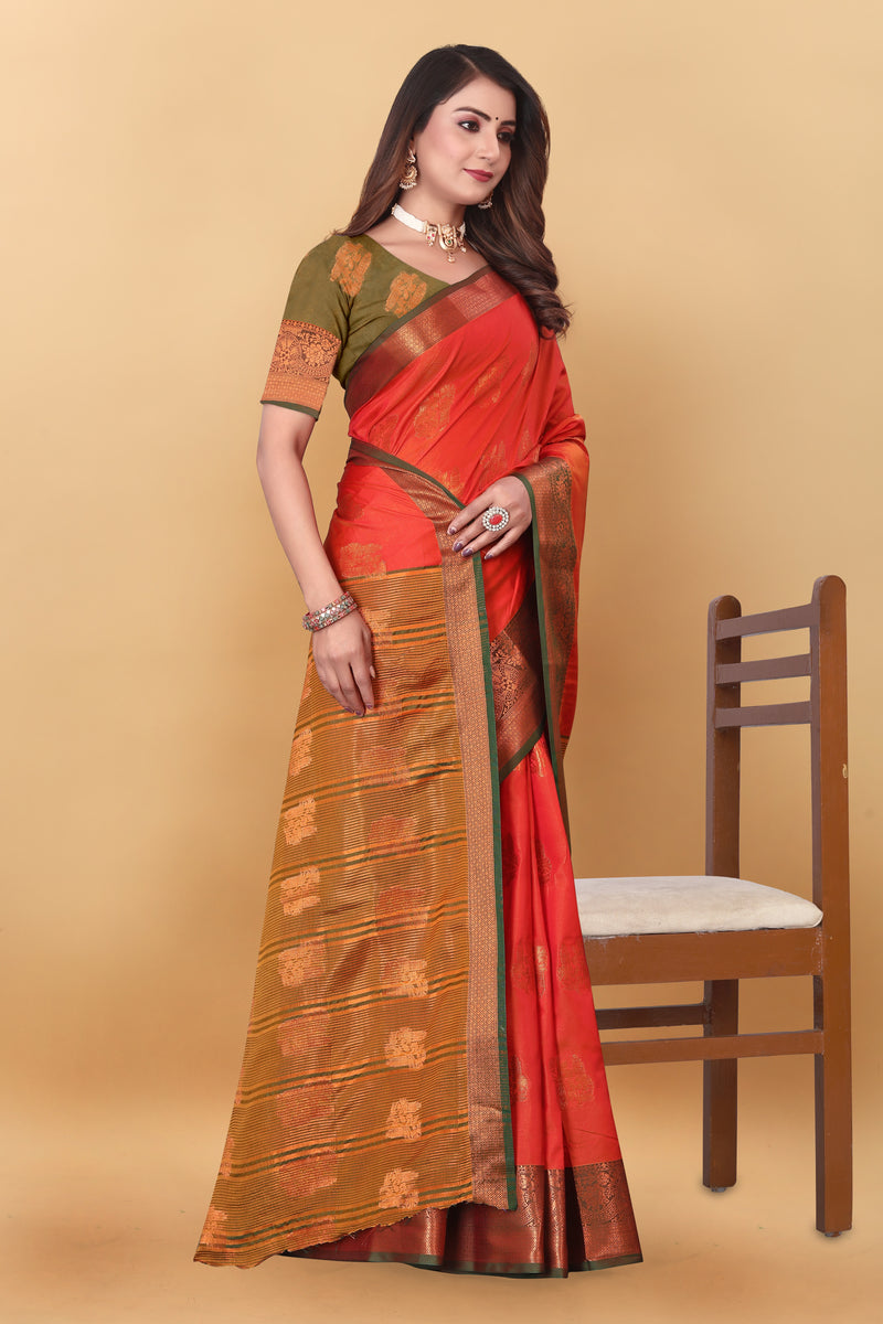 Lichi Copper Four Orange Banarasi Saree
