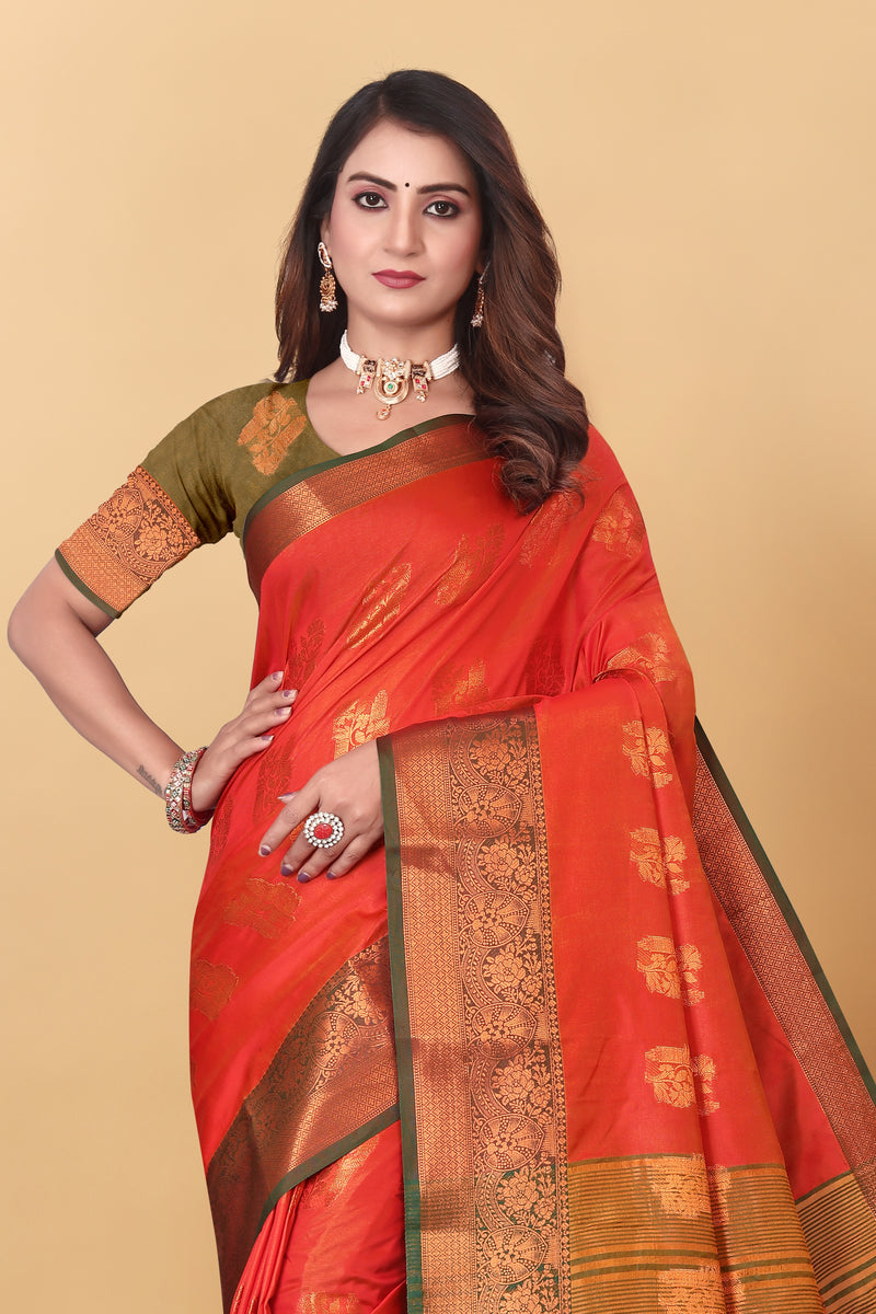 Lichi Copper Four Orange Banarasi Saree
