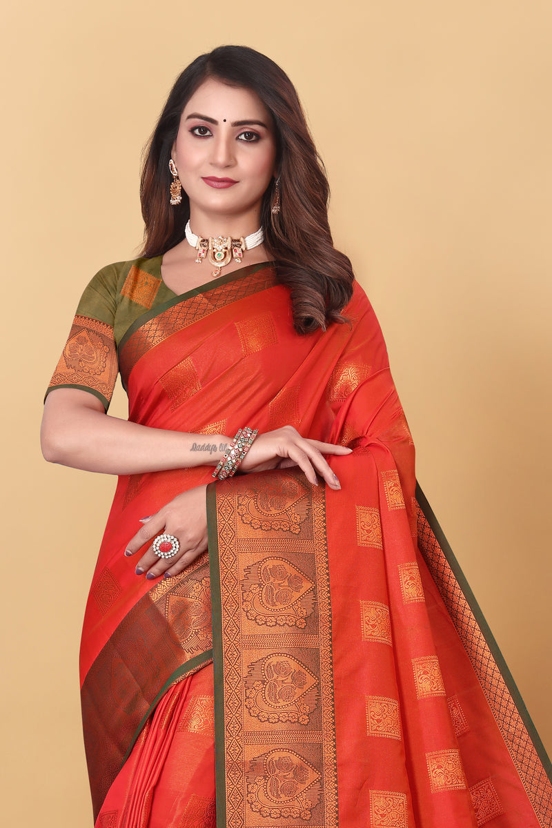 Lichi Copper Five Orange Banarasi Saree