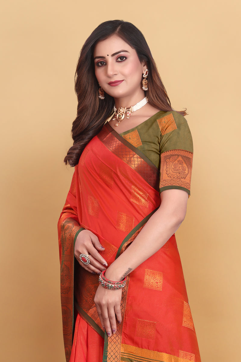 Lichi Copper Five Orange Banarasi Saree
