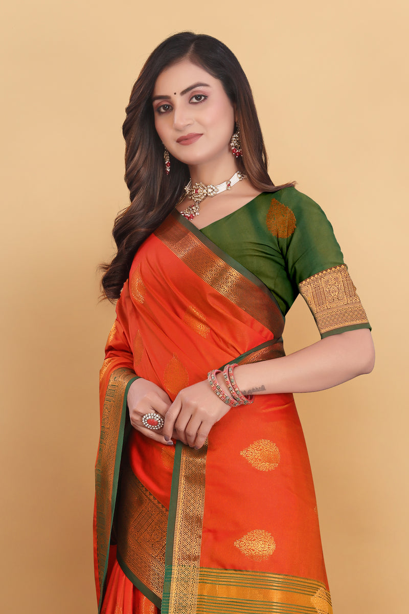 Lichi Copper Two Orange Banarasi Saree