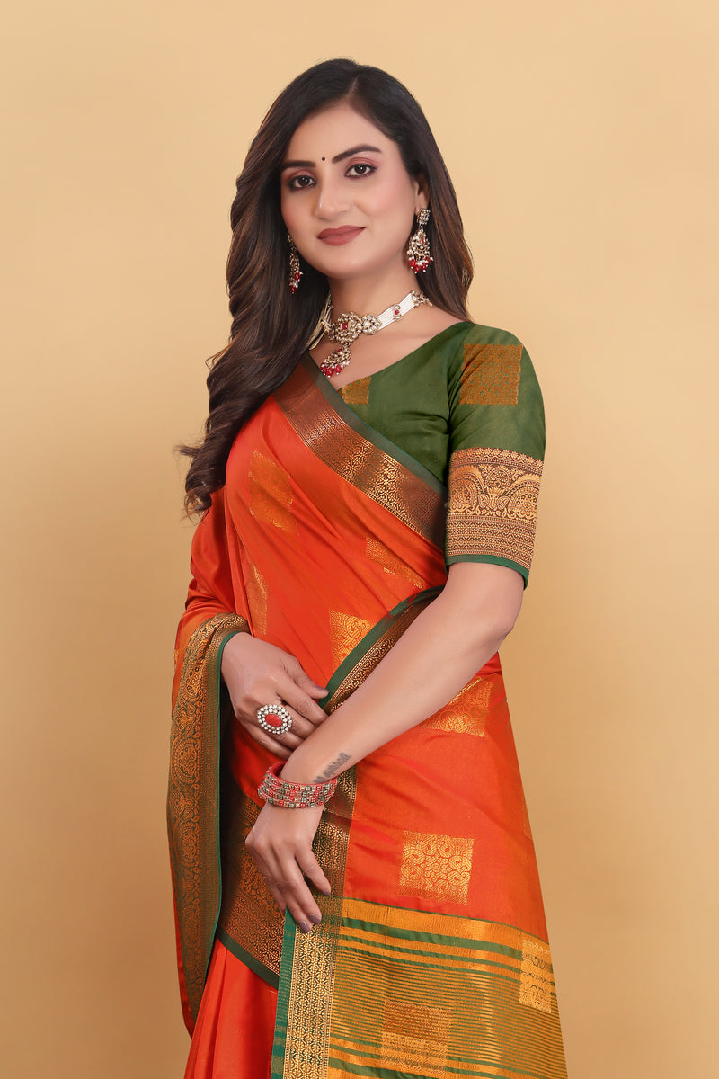 Lichi Copper Three Orange Banarasi Saree