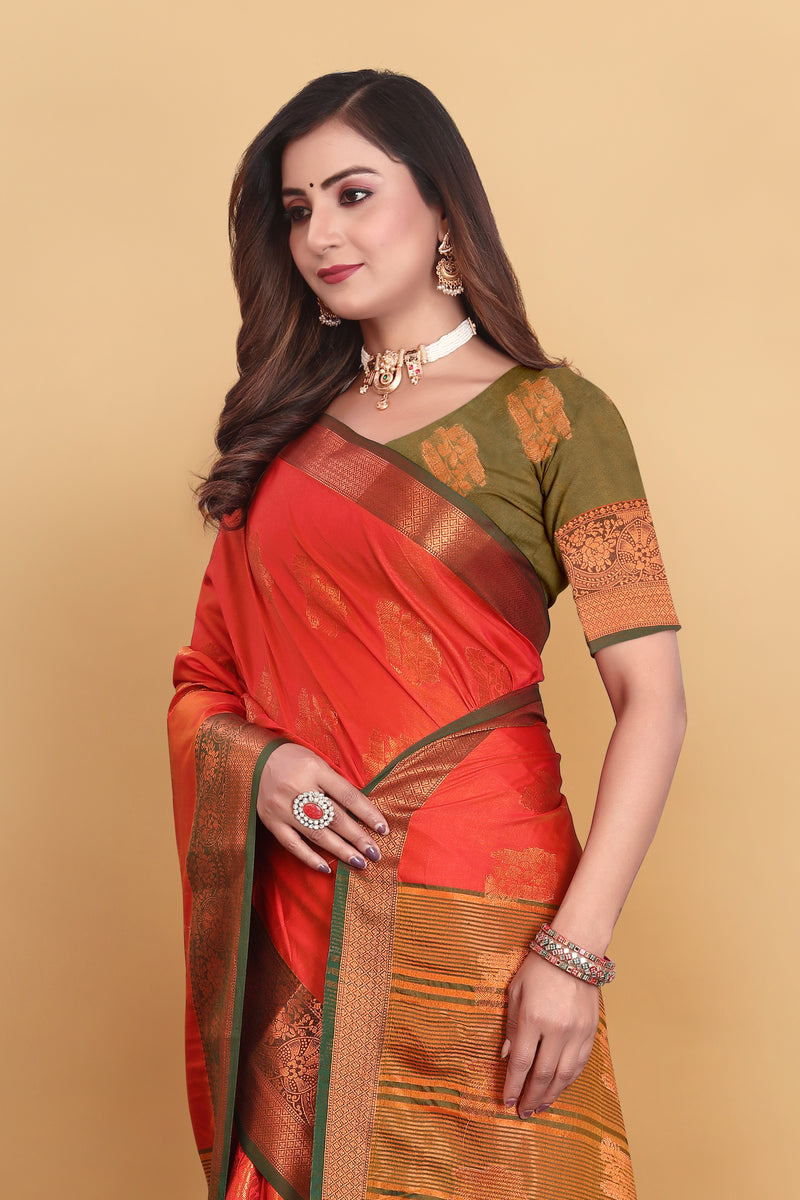 Lichi Copper Four Orange Banarasi Saree