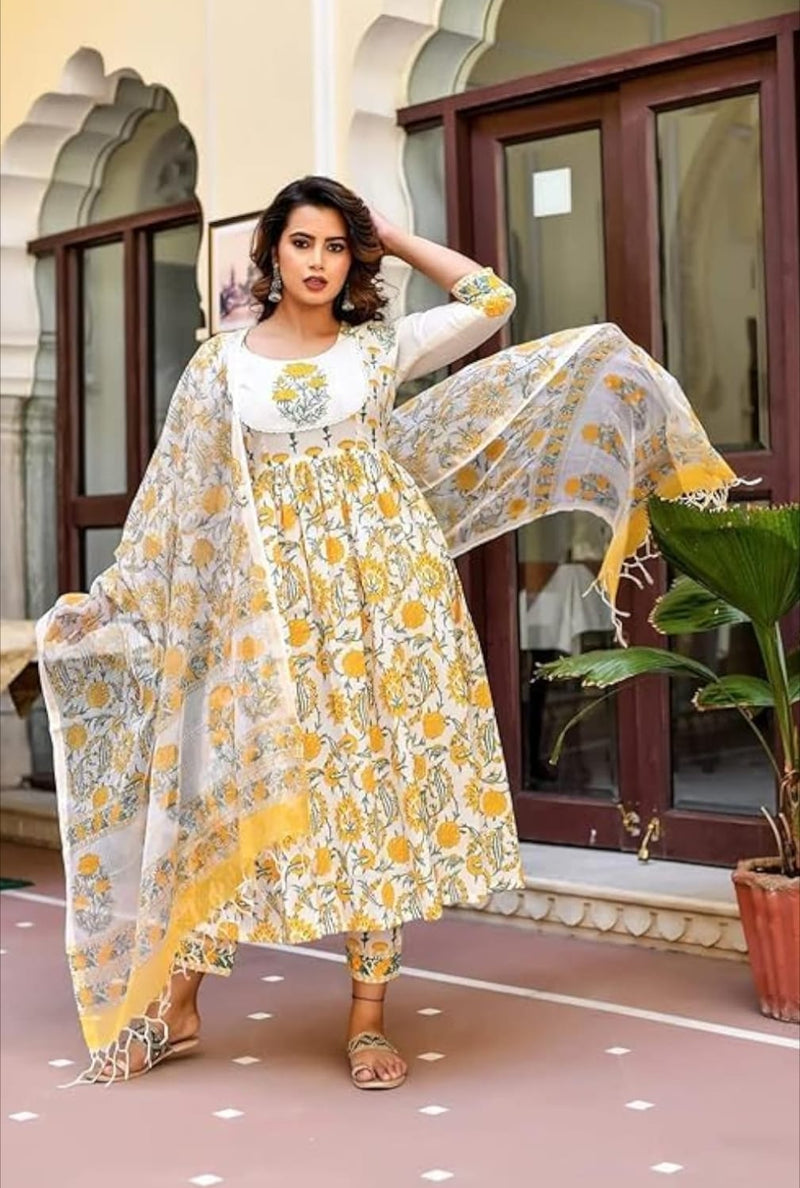 Cotton Blend Yellow Kurta Set with Dupatta