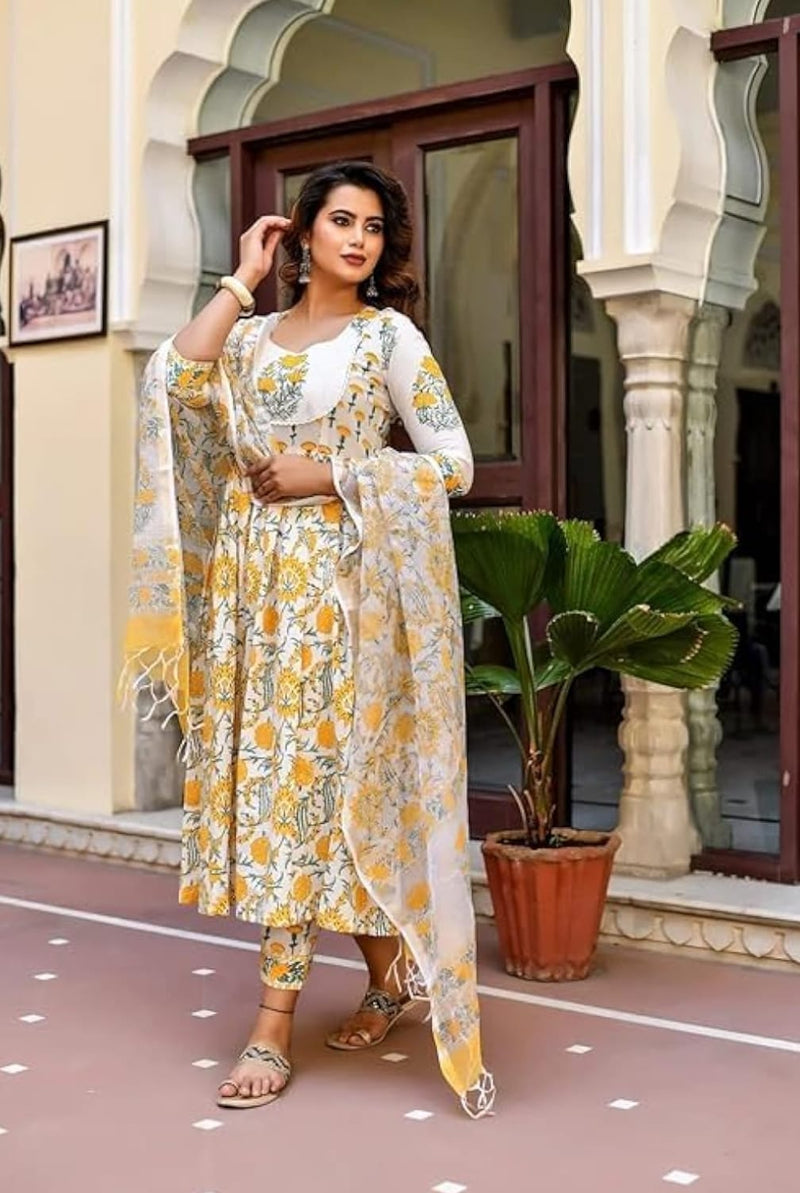Cotton Blend Yellow Kurta Set with Dupatta