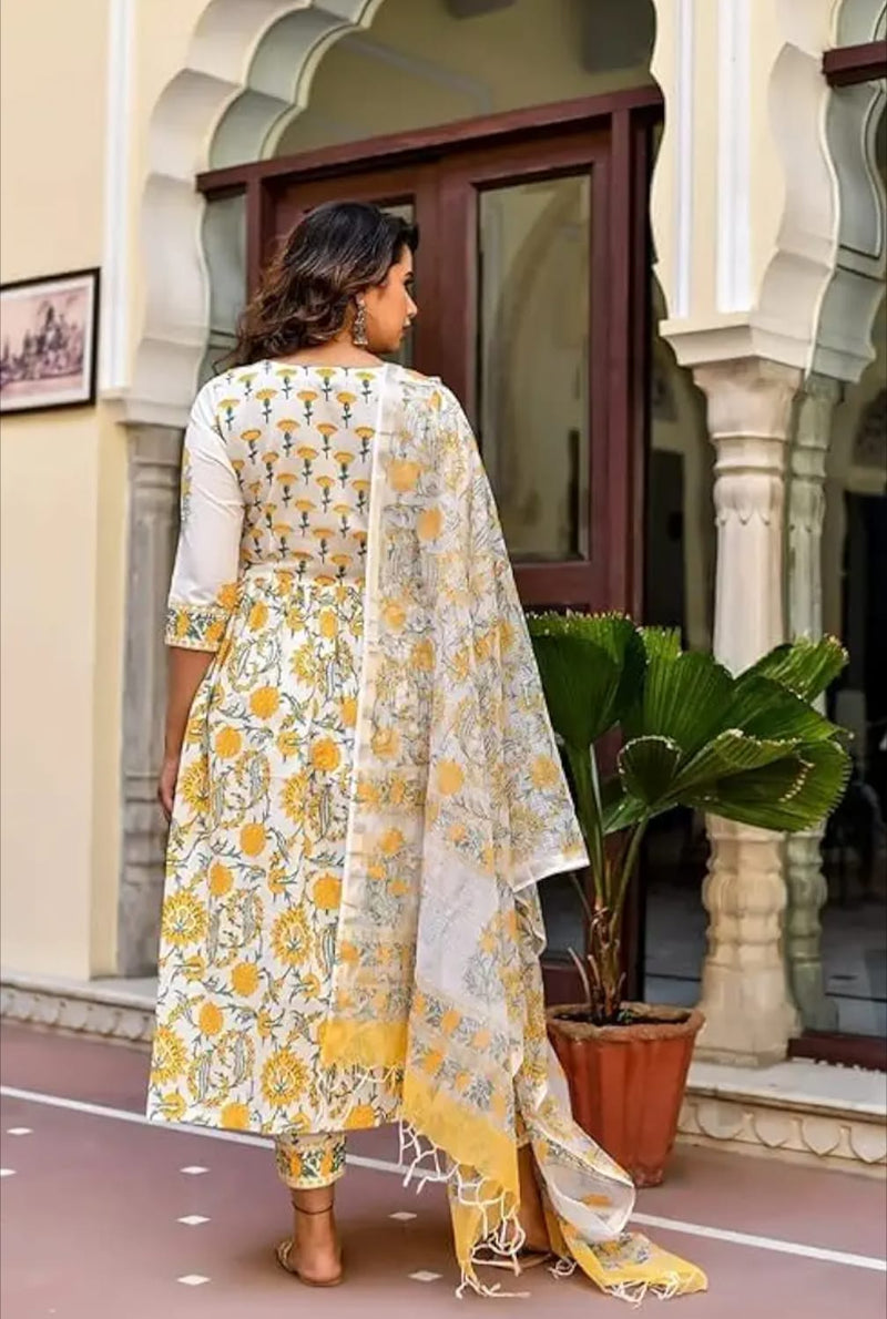 Cotton Blend Yellow Kurta Set with Dupatta