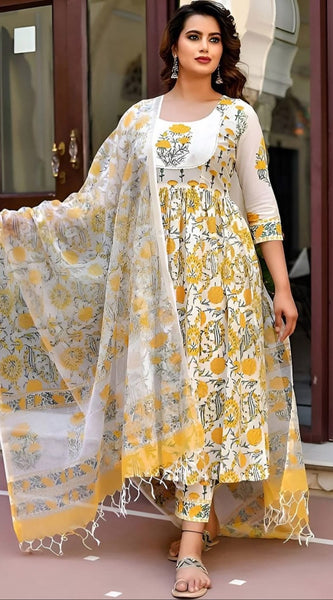 Cotton Blend Yellow Kurta Set with Dupatta