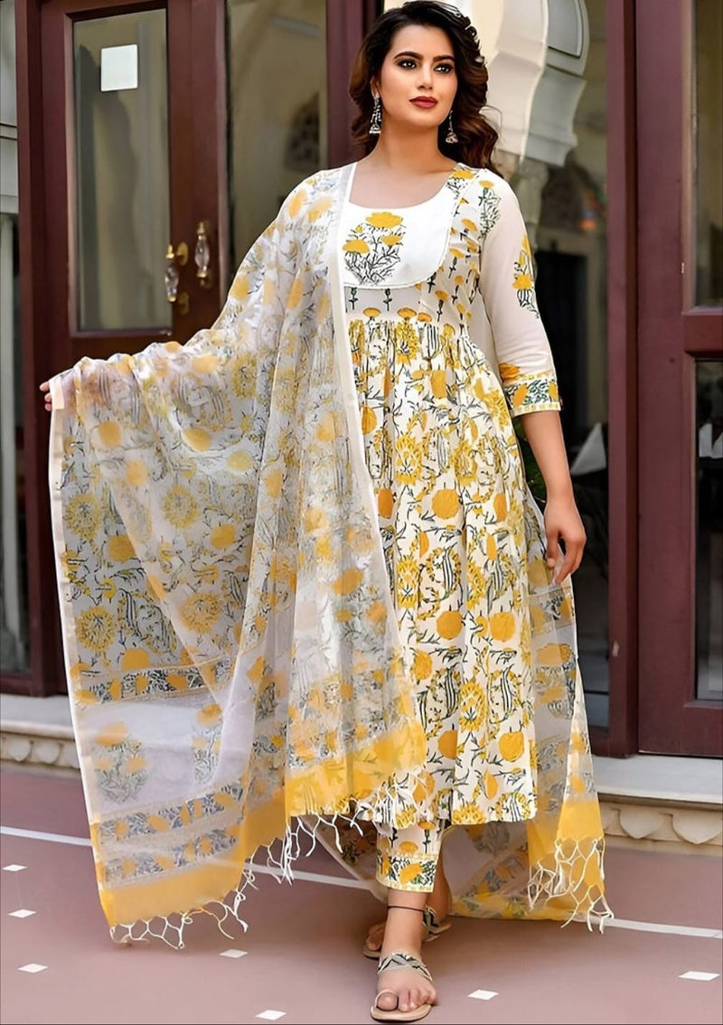 Cotton Blend Yellow Kurta Set with Dupatta