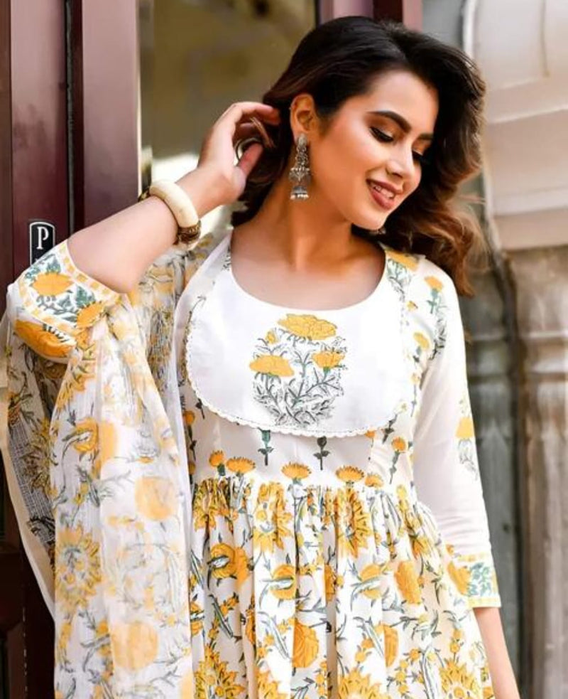 Cotton Blend Yellow Kurta Set with Dupatta