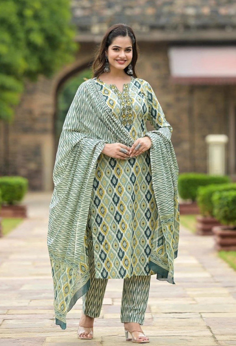 Cotton Green Kurta Set with Dupatta