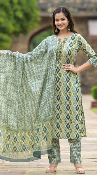 Cotton Green Kurta Set with Dupatta