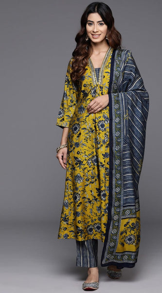 Cotton Blend Yellow Kurta Set with Dupatta